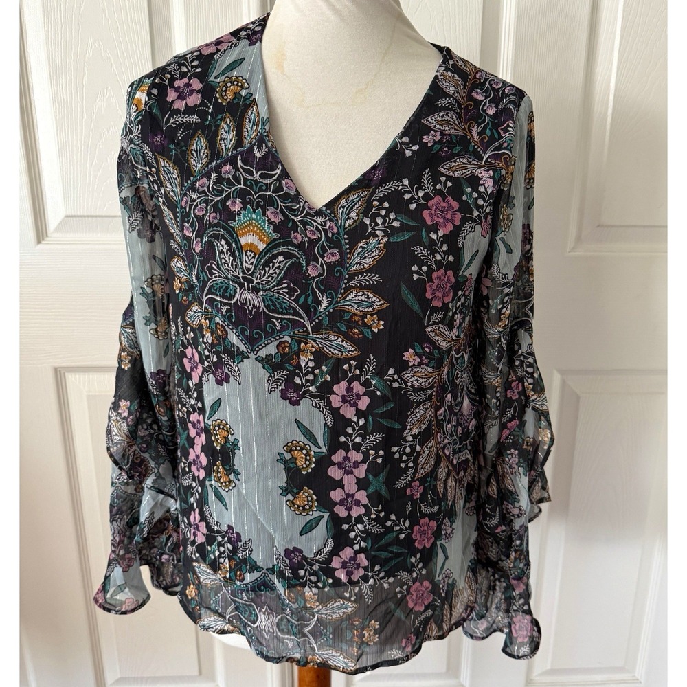 Floral Boho Blouse Medium Ruffle Sleeve Metallic V Neck Lined Black IZ Byer